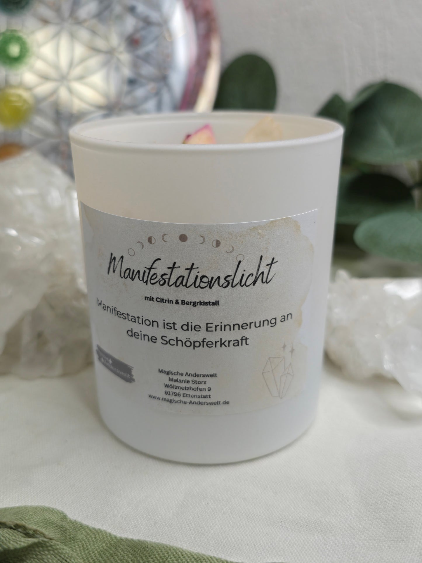 Kristallkerze Manifestation – mit Citrin, Granat, Karneol & Bergkristall