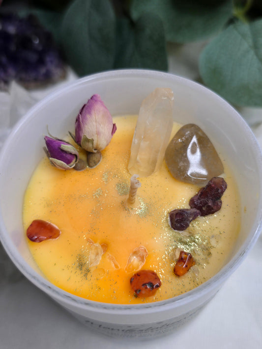 Kristallkerze Manifestation – mit Citrin, Granat, Karneol & Bergkristall