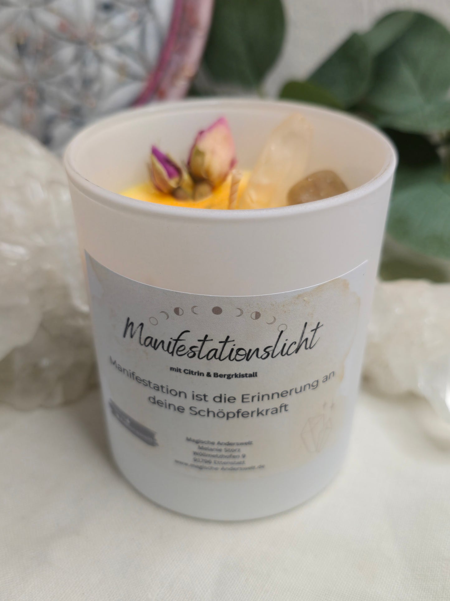 Kristallkerze Manifestation – mit Citrin, Granat, Karneol & Bergkristall
