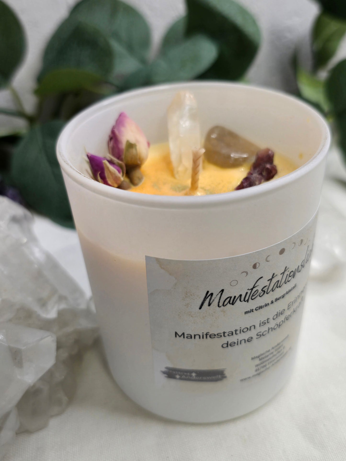 Kristallkerze Manifestation – mit Citrin, Granat, Karneol & Bergkristall