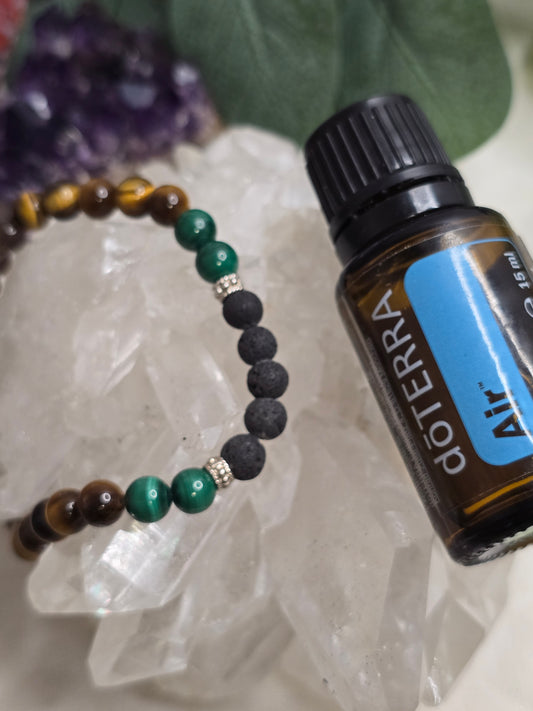 Aroma-Armband „Mut & Selbstvertrauen“ – Malachit, Tigerauge & Rauchquarz (6 mm, handgefertigt, XS–XL)