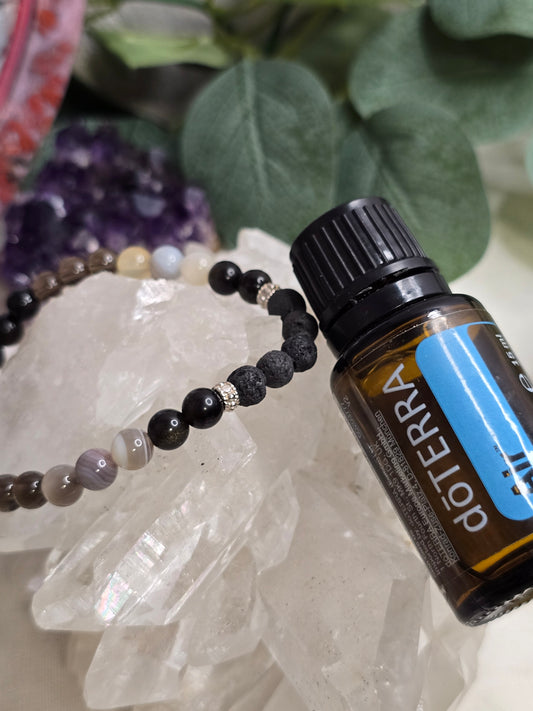 Aroma-Armband „Schutz & Erdung“ – Obsidian, Botswana-Achat, Rauchquarz & Schwarzer Turmalin (6 mm, handgefertigt, XS–XL)