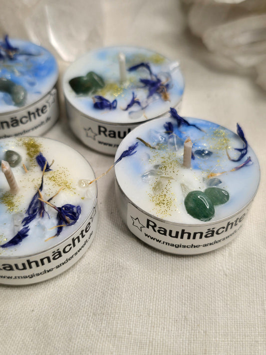 Rauhnachts-Teelicht – mit Bergkristall, Aventurin & Kornblumen