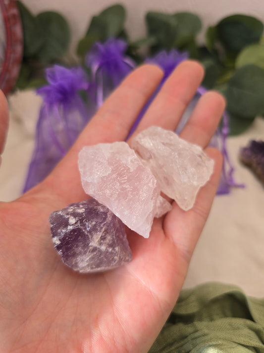 Wasserstein-Set „Klarheit & Harmonie“ – Bergkristall, Amethyst & Rosenquarz (Rohsteine)