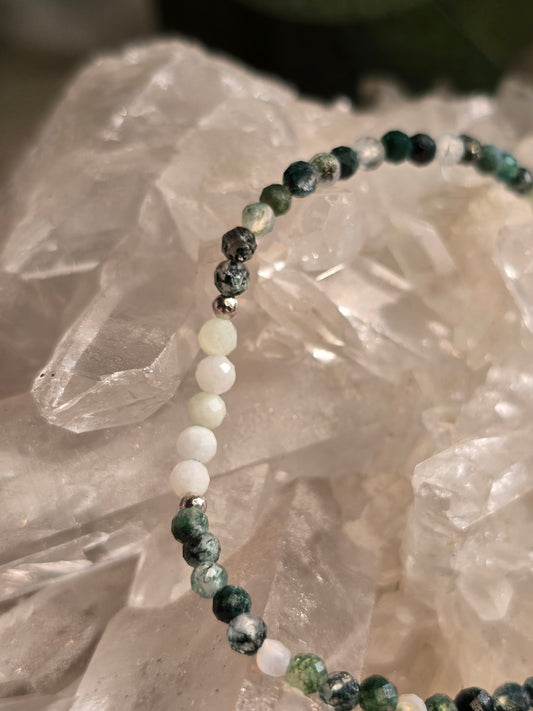 Edelsteinarmband Moosachat & Jadeit – 3 mm facettiert | Einzelstück, Silber