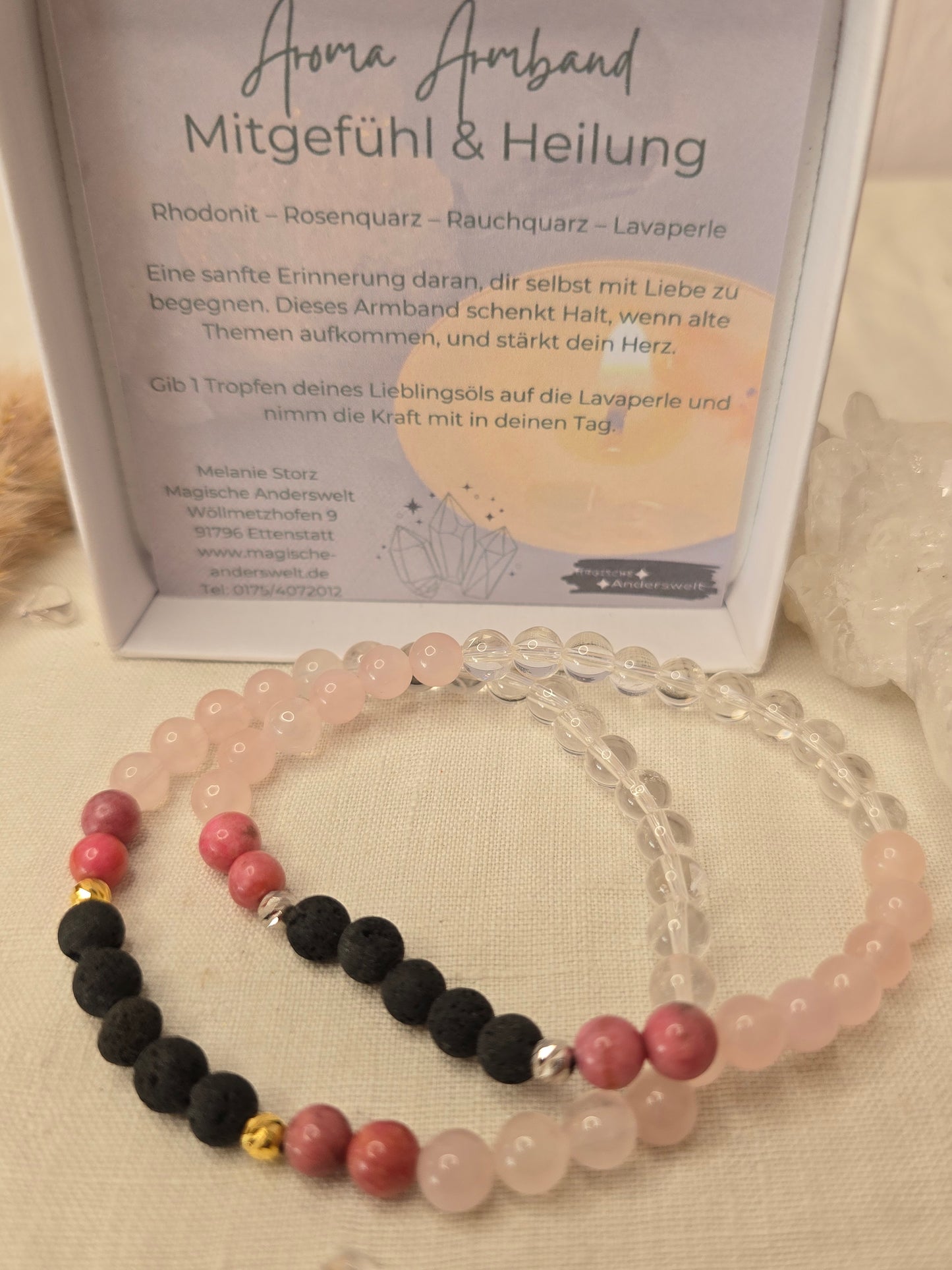 Aromaarmband „Mitgefühl & Heilung“ mit Rhodonit, Rosenquarz, Rauchquarz und Lavaperle, auf Gummiband mit Silber- oder Goldelementen