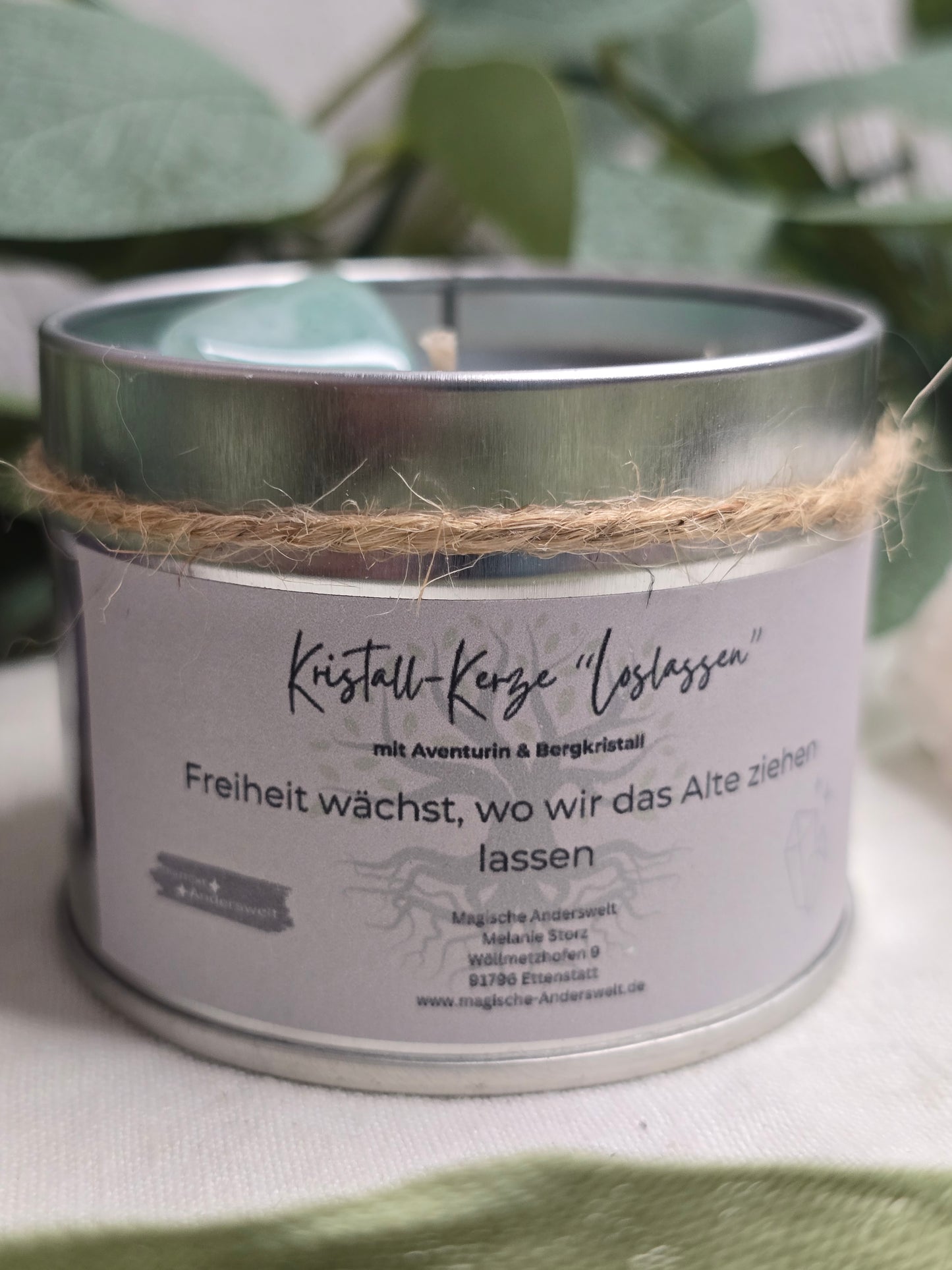 Behälterkerze „Loslassen“ mit Aventurin & Bergkristall