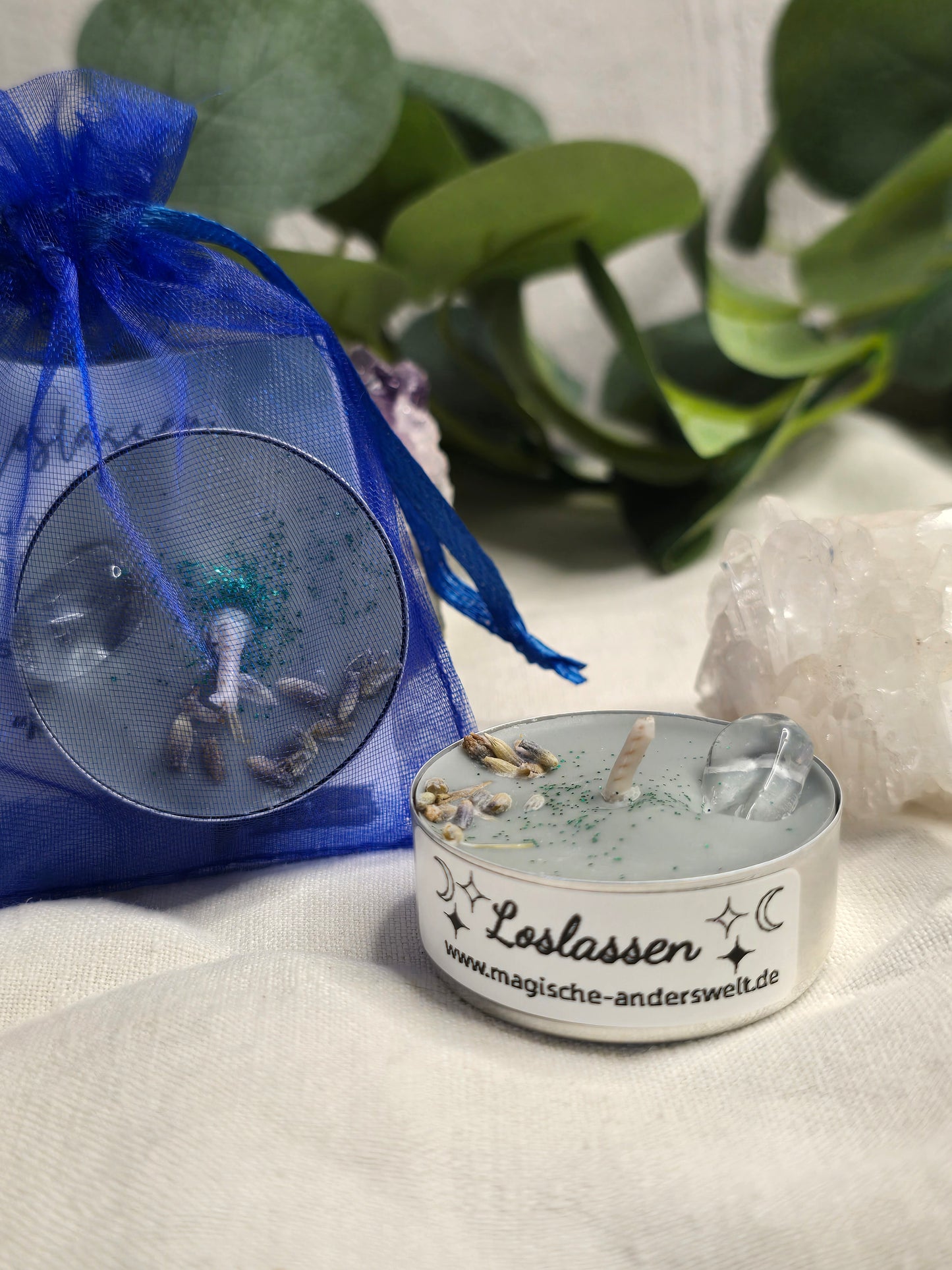 Ritual-Teelicht „Loslassen“ mit Bergkristall