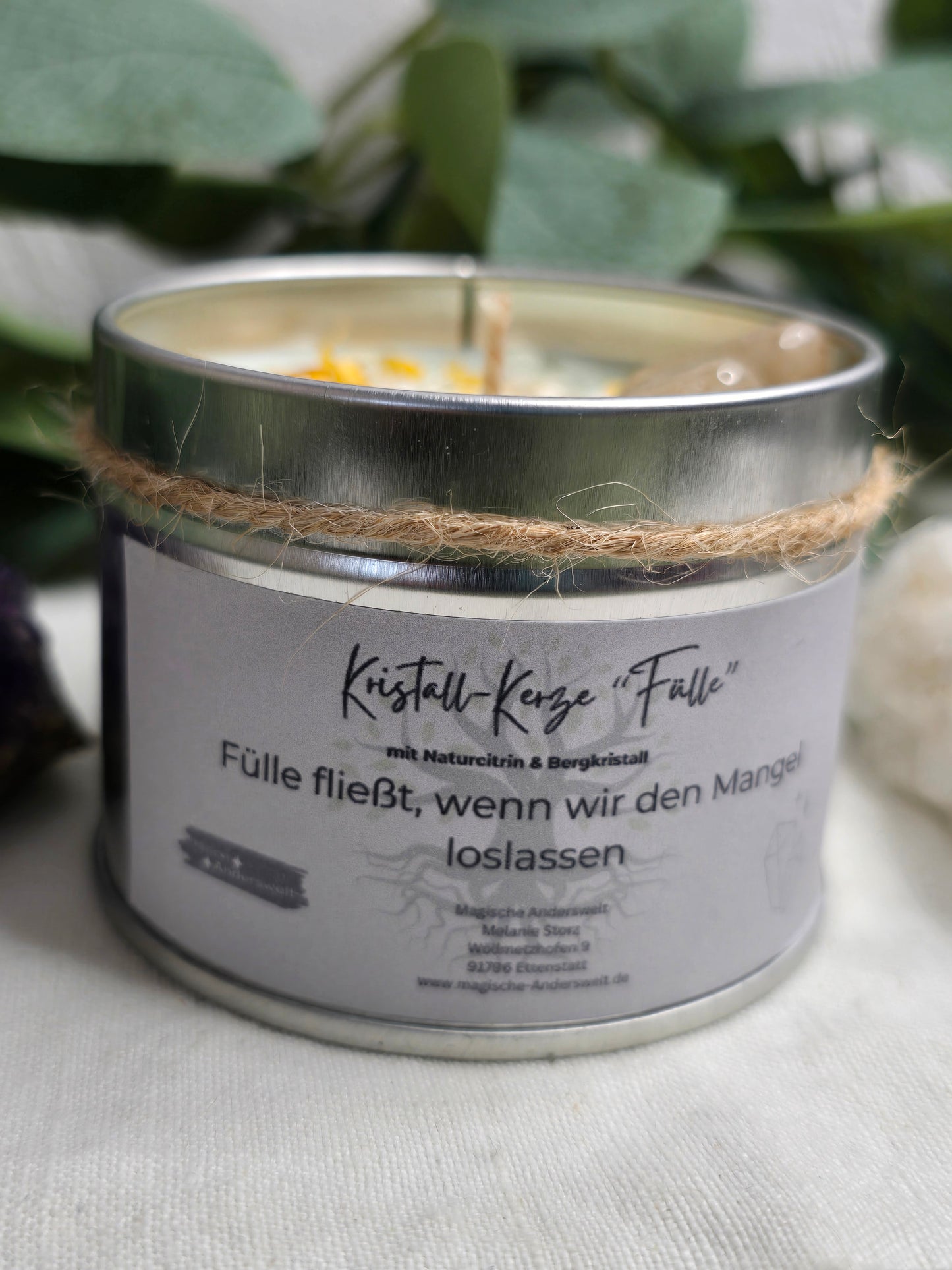 Behälterkerze „Fülle“ mit Naturcitrin & Bergkristall