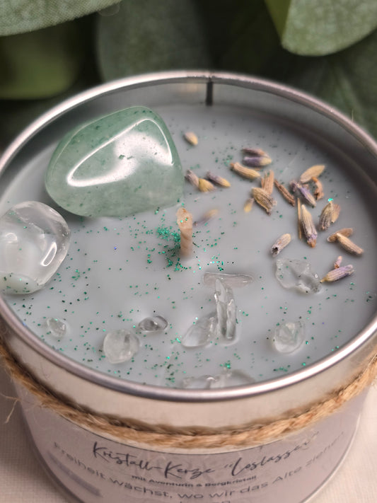 Behälterkerze „Loslassen“ mit Aventurin & Bergkristall