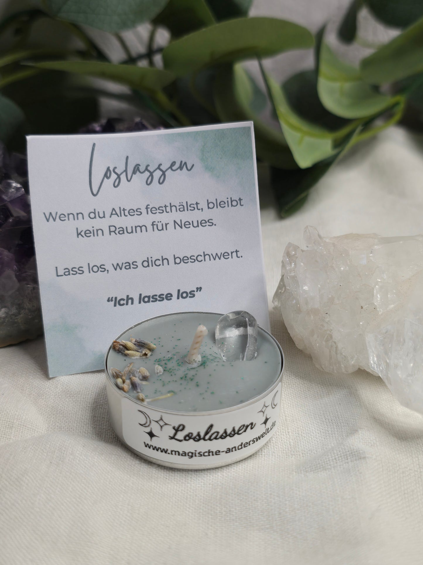 Ritual-Teelicht „Loslassen“ mit Bergkristall
