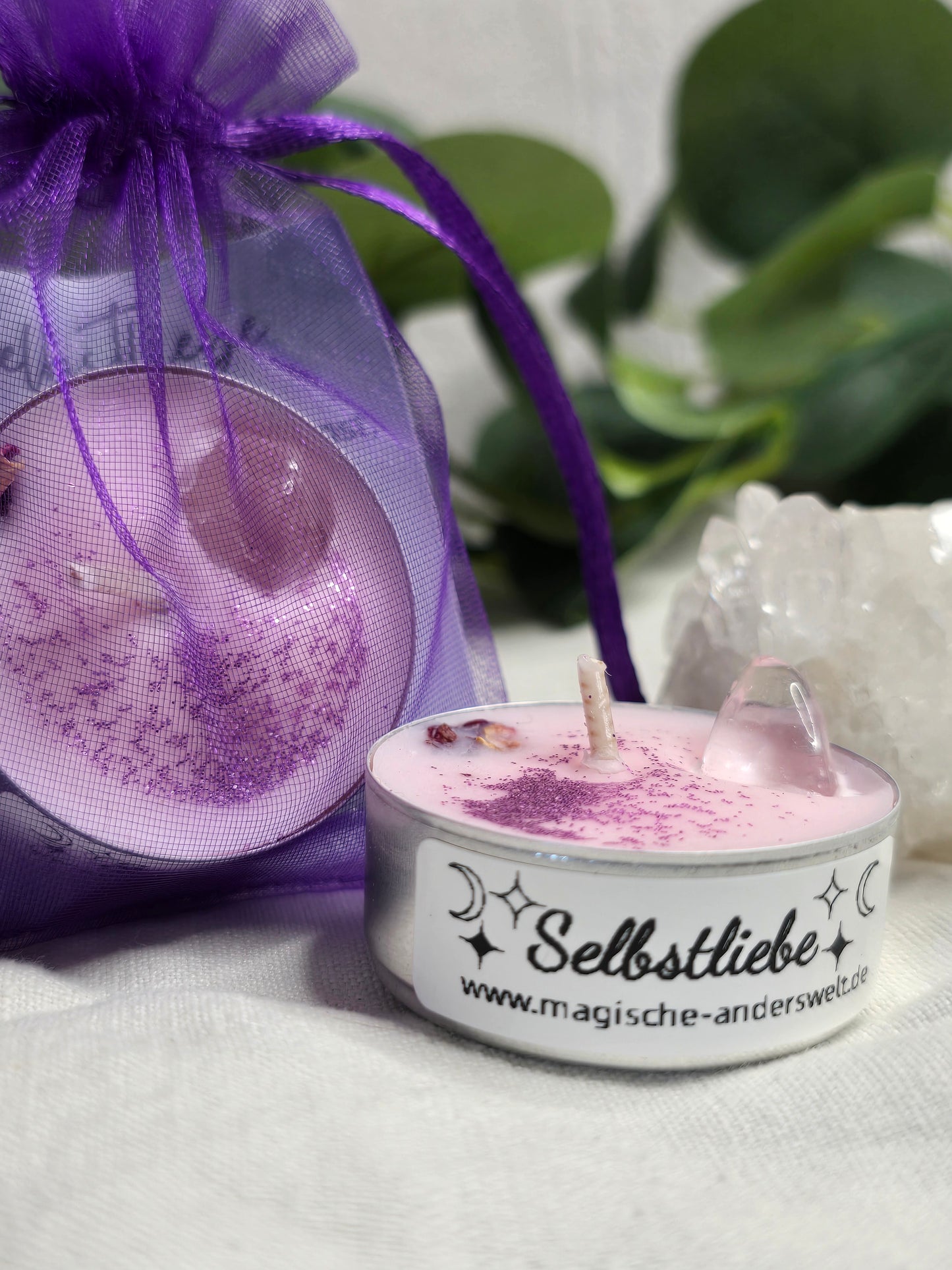 Ritual-Teelicht „Selbstliebe“ mit Bergkristall