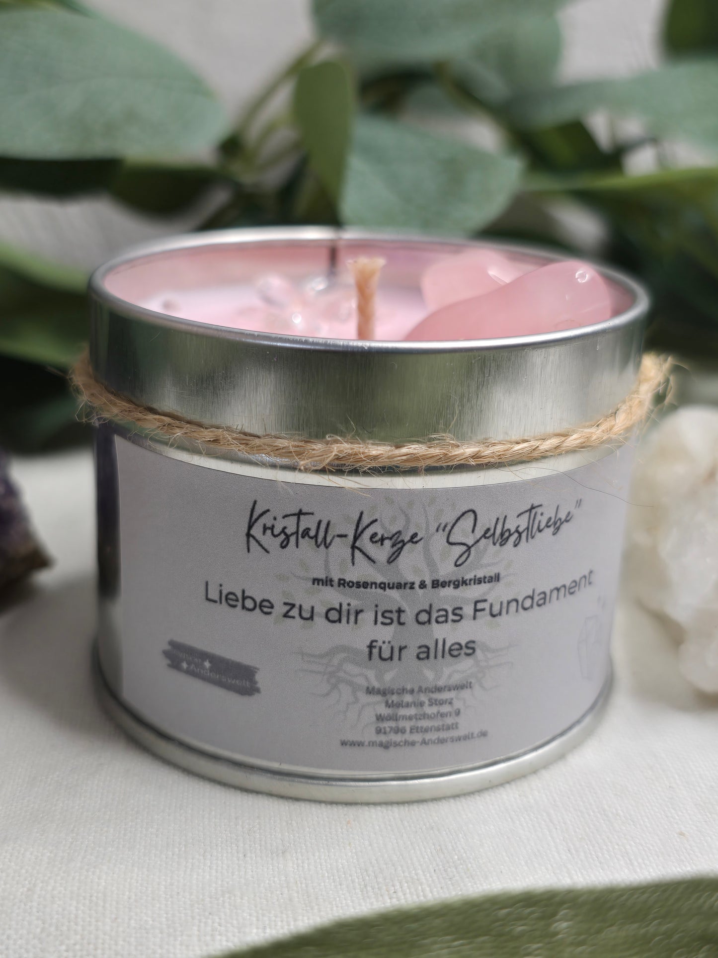 Behälterkerze „Selbstliebe“ mit Rosenquarz & Bergkristall