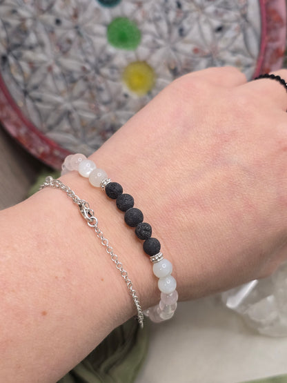 Aroma-Armband „Liebe & Harmonie“ – Lava, Mondstein, Rosenquarz & Bergkristall (6 mm, handgefertigt, XS–XL)