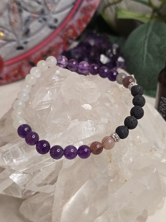 Aroma-Armband „Ruhe & Gelassenheit“ – Botswana-Achat, Amethyst & Weißer Mondstein (6 mm, handgefertigt, XS–XL)
