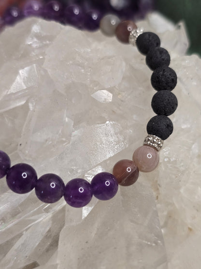 Aroma-Armband „Ruhe & Gelassenheit“ – Botswana-Achat, Amethyst & Weißer Mondstein (6 mm, handgefertigt, XS–XL)