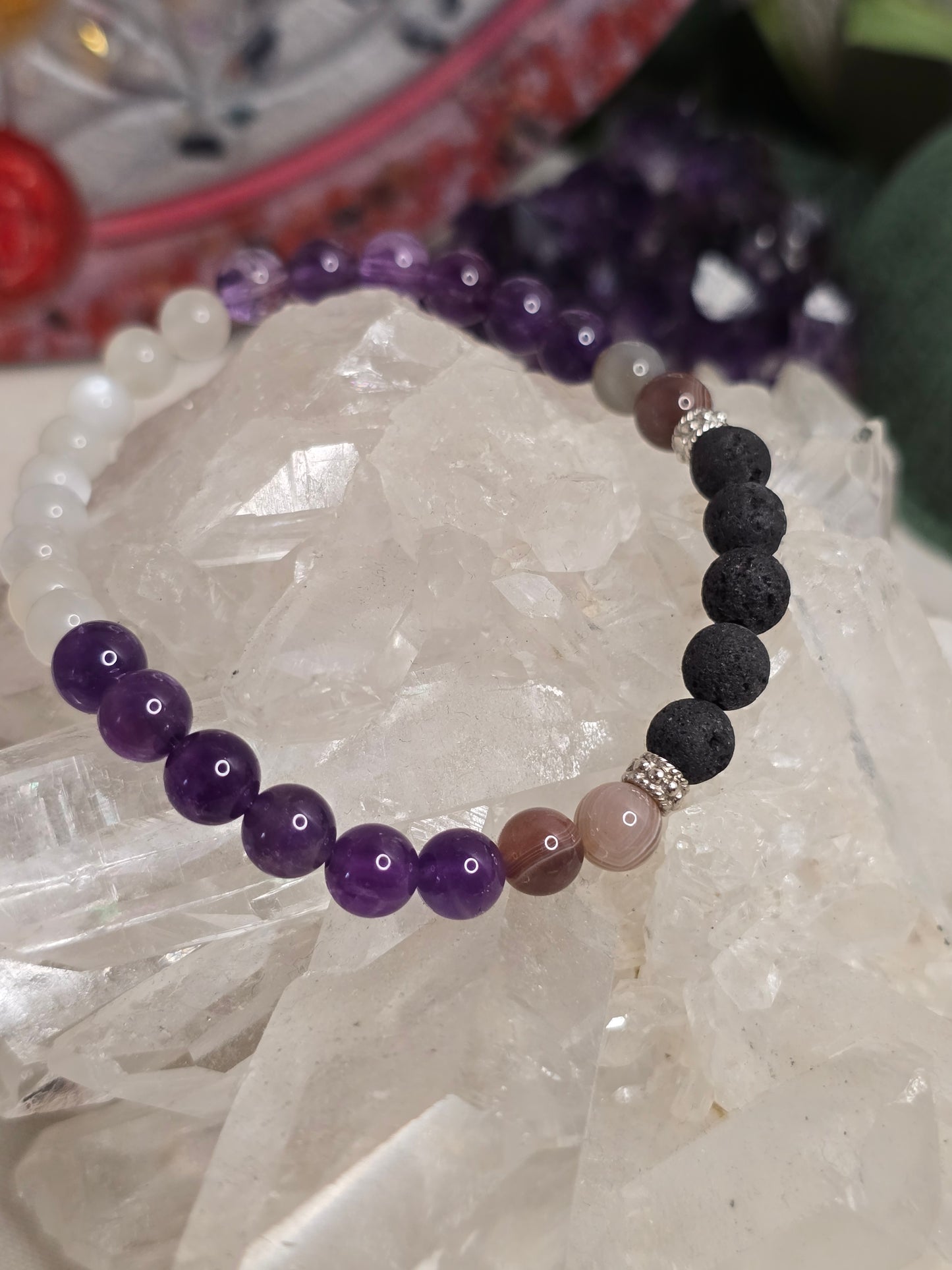 Aroma-Armband „Ruhe & Gelassenheit“ – Botswana-Achat, Amethyst & Weißer Mondstein (6 mm, handgefertigt, XS–XL)
