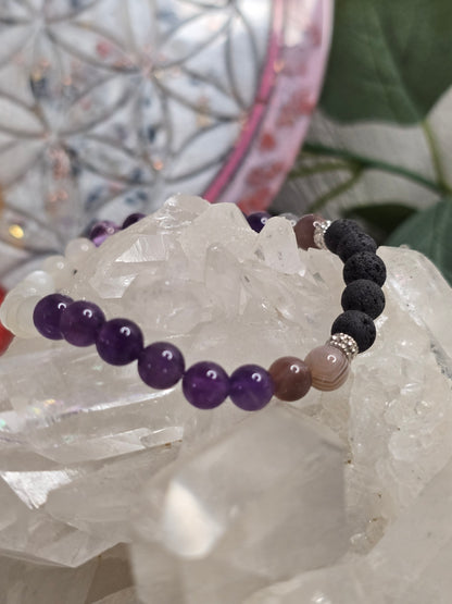 Aroma-Armband „Ruhe & Gelassenheit“ – Botswana-Achat, Amethyst & Weißer Mondstein (6 mm, handgefertigt, XS–XL)