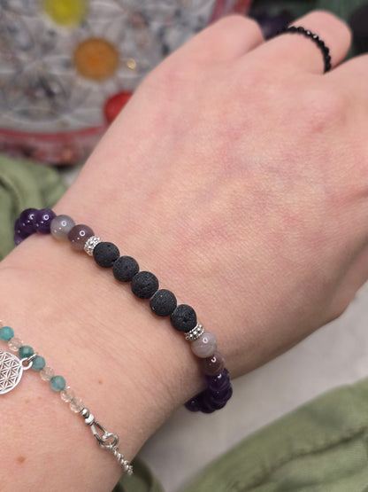 Aroma-Armband „Ruhe & Gelassenheit“ – Botswana-Achat, Amethyst & Weißer Mondstein (6 mm, handgefertigt, XS–XL)