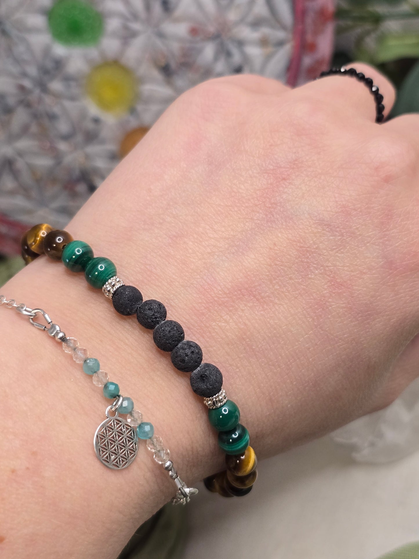 Aroma-Armband „Mut & Selbstvertrauen“ – Malachit, Tigerauge & Rauchquarz (6 mm, handgefertigt, XS–XL)
