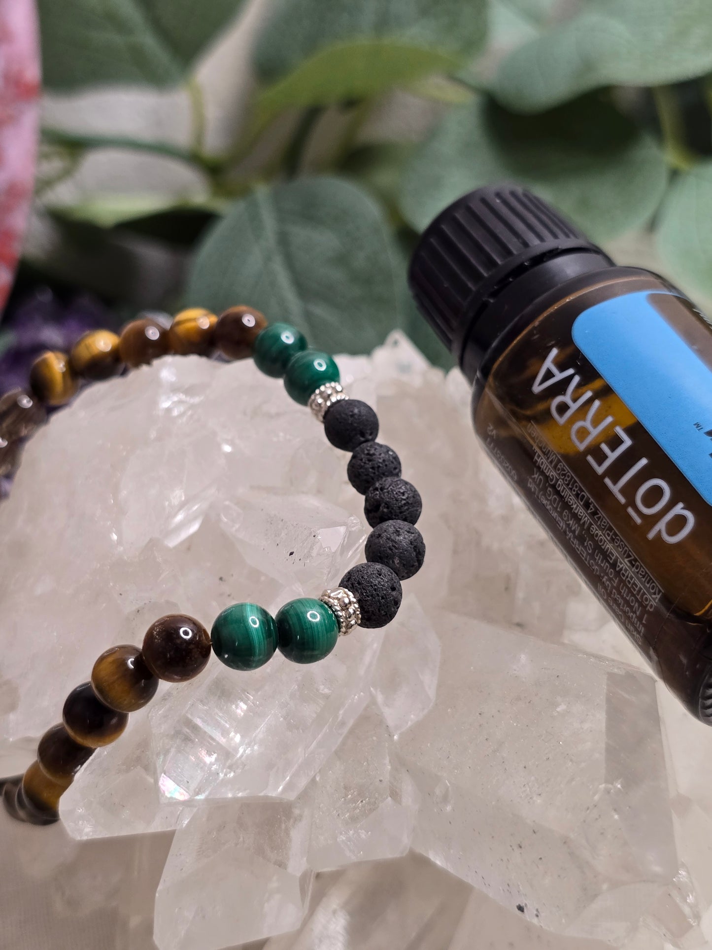 Aroma-Armband „Mut & Selbstvertrauen“ – Malachit, Tigerauge & Rauchquarz (6 mm, handgefertigt, XS–XL)