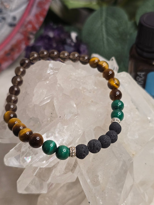 Aroma-Armband „Mut & Selbstvertrauen“ – Malachit, Tigerauge & Rauchquarz (6 mm, handgefertigt, XS–XL)