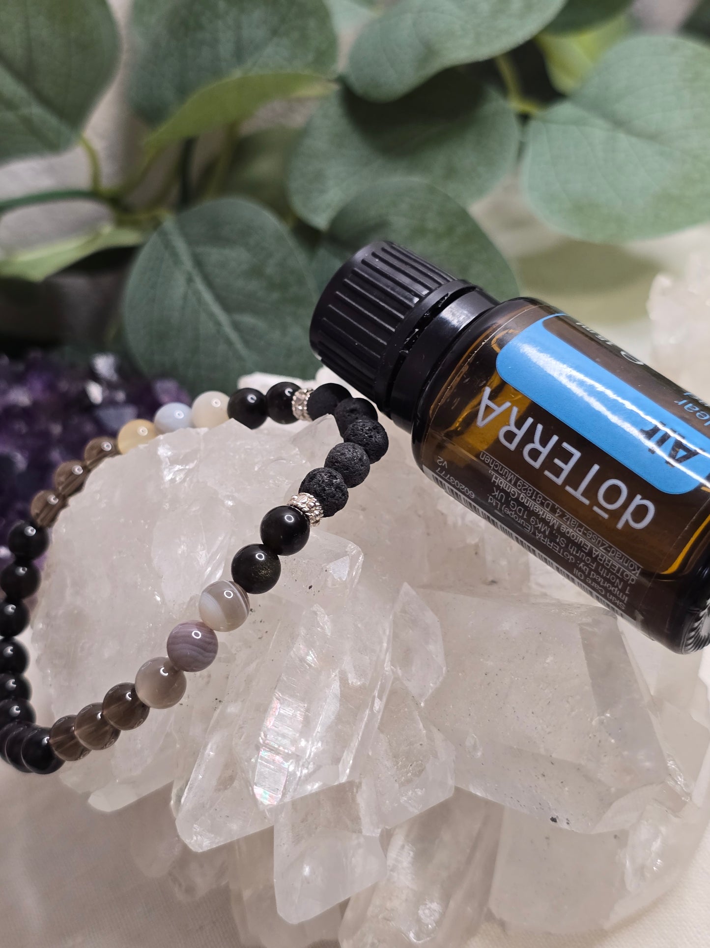 Aroma-Armband „Schutz & Erdung“ – Obsidian, Botswana-Achat, Rauchquarz & Schwarzer Turmalin (6 mm, handgefertigt, XS–XL)