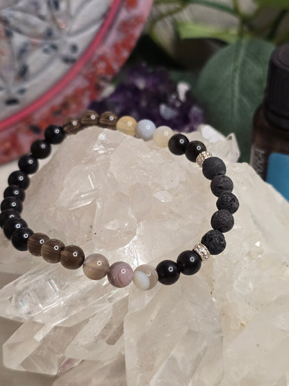 Aroma-Armband „Schutz & Erdung“ – Obsidian, Botswana-Achat, Rauchquarz & Schwarzer Turmalin (6 mm, handgefertigt, XS–XL)
