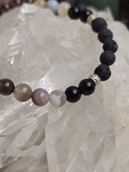 Aroma-Armband „Schutz & Erdung“ – Obsidian, Botswana-Achat, Rauchquarz & Schwarzer Turmalin (6 mm, handgefertigt, XS–XL)