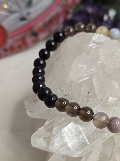 Aroma-Armband „Schutz & Erdung“ – Obsidian, Botswana-Achat, Rauchquarz & Schwarzer Turmalin (6 mm, handgefertigt, XS–XL)