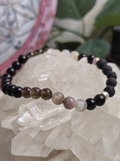 Aroma-Armband „Schutz & Erdung“ – Obsidian, Botswana-Achat, Rauchquarz & Schwarzer Turmalin (6 mm, handgefertigt, XS–XL)