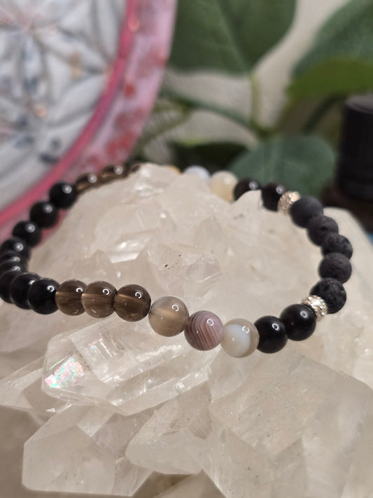 Aroma-Armband „Schutz & Erdung“ – Obsidian, Botswana-Achat, Rauchquarz & Schwarzer Turmalin (6 mm, handgefertigt, XS–XL)