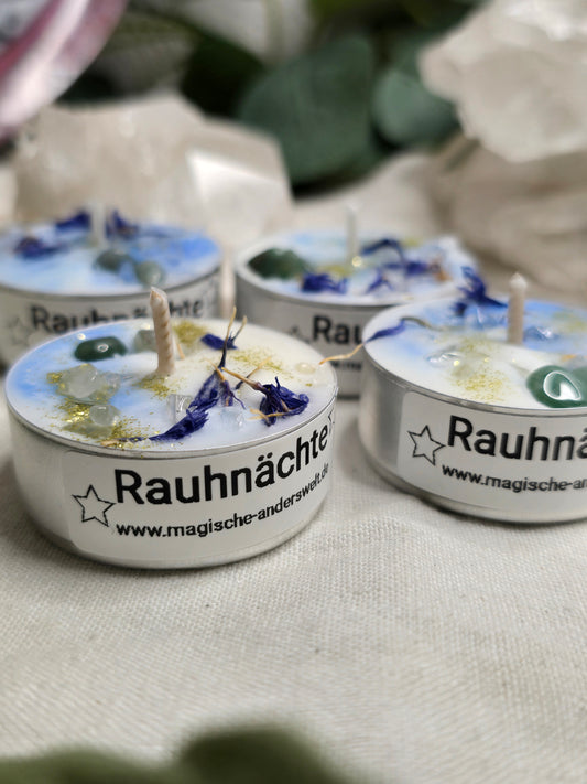 Rauhnachts-Teelicht – mit Bergkristall, Aventurin & Kornblumen