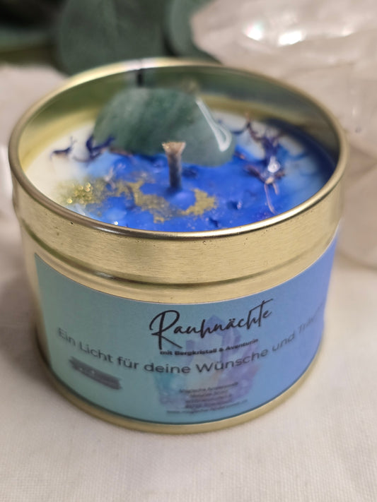 Rauhnachts-Kerze – mit Aventurin, Bergkristall & Kornblumen