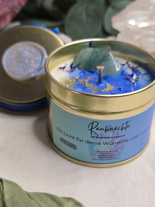 Rauhnachts-Kerze – mit Aventurin, Bergkristall & Kornblumen