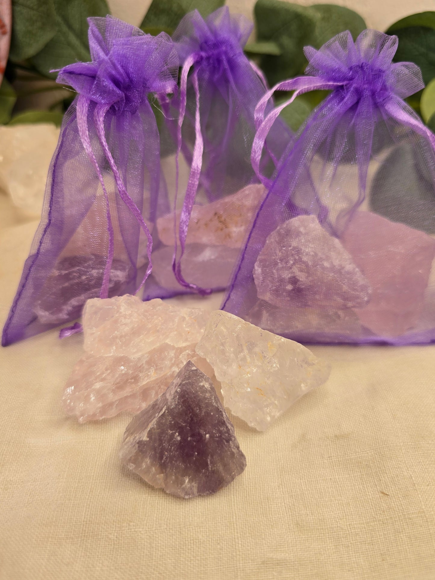 Wasserstein-Set „Klarheit & Harmonie“ – Bergkristall, Amethyst & Rosenquarz (Rohsteine)