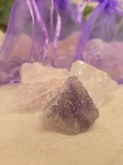 Wasserstein-Set „Klarheit & Harmonie“ – Bergkristall, Amethyst & Rosenquarz (Rohsteine)