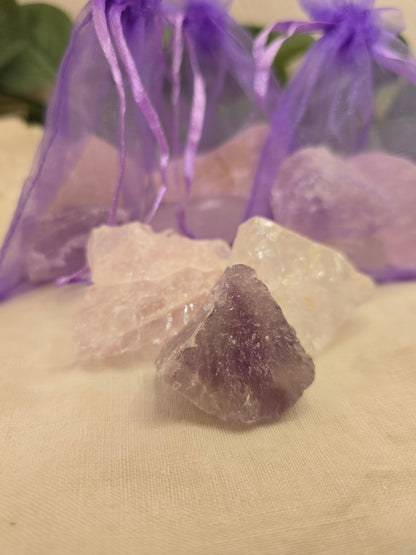 Wasserstein-Set „Klarheit & Harmonie“ – Bergkristall, Amethyst & Rosenquarz (Rohsteine)