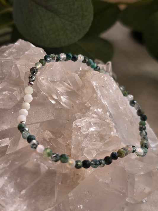 Edelsteinarmband Moosachat & Jadeit – 3 mm facettiert | Einzelstück, Silber