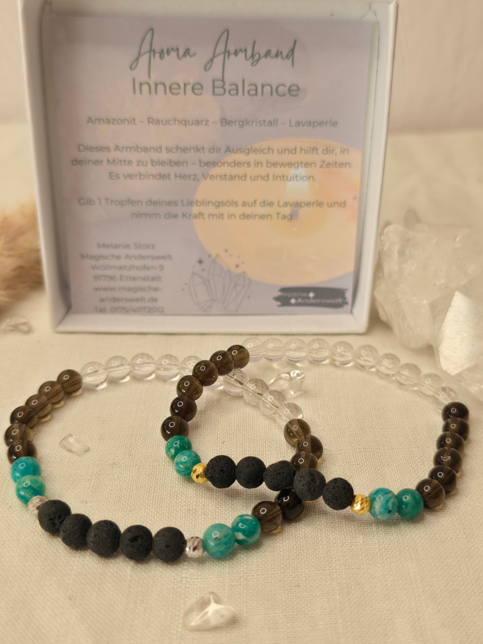 Aromaarmband „Innere Balance“ mit Amazonit, Rauchquarz, Bergkristall und Lavaperle, elastisch aufgezogen mit silber- oder goldfarbenem Akzent