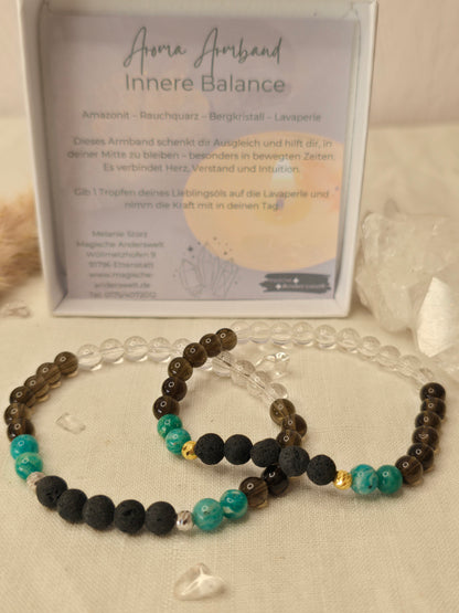 Aromaarmband „Innere Balance“ mit Amazonit, Rauchquarz, Bergkristall und Lavaperle, elastisch aufgezogen mit silber- oder goldfarbenem Akzent