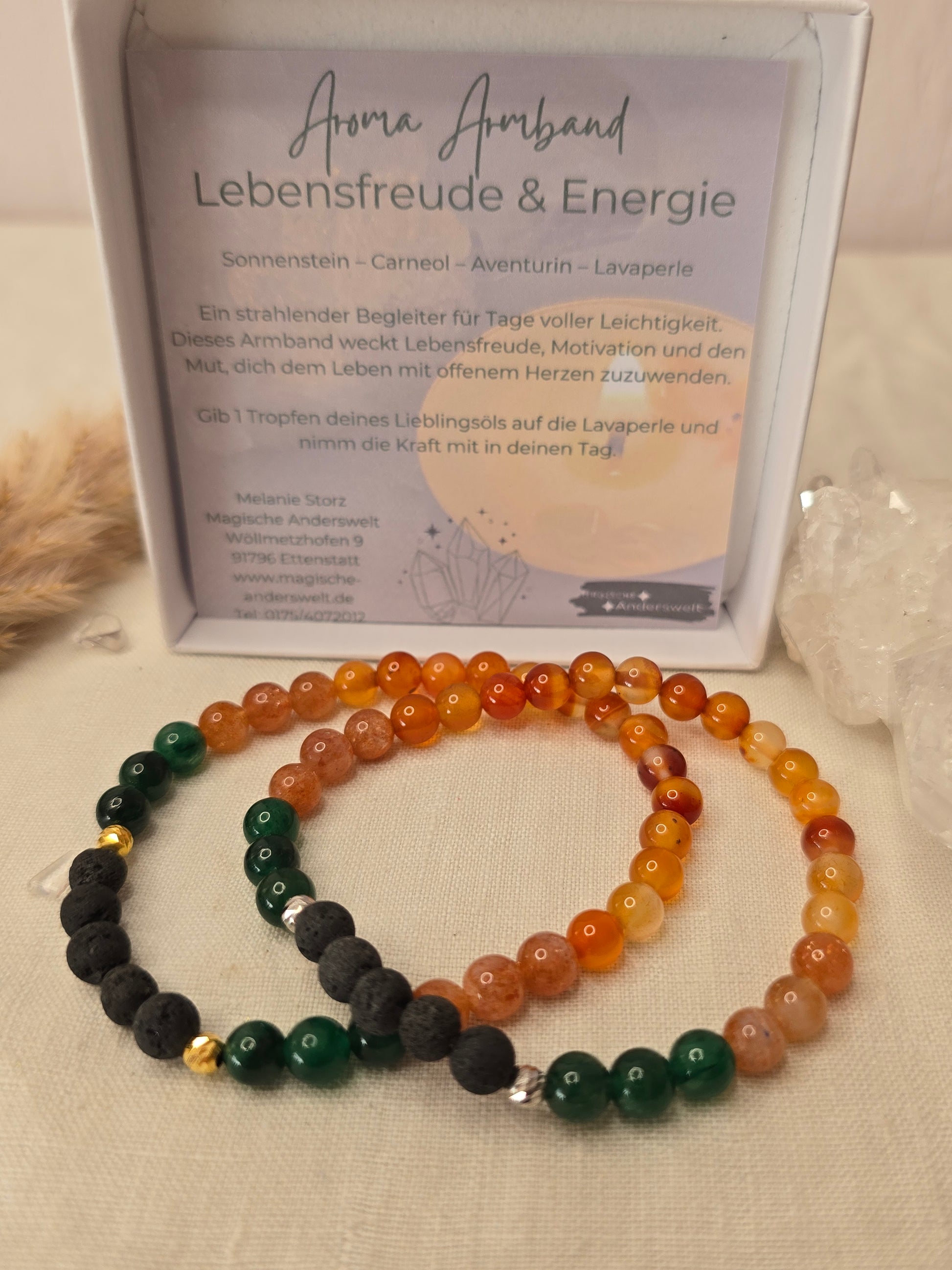 Aromaarmband „Lebensfreude & Energie“ mit Aventurin, Sonnenstein, Carneol und Lavaperle, auf elastischem Band mit Silber- oder Golddetails