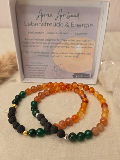 Aromaarmband „Lebensfreude & Energie“ mit Aventurin, Sonnenstein, Carneol und Lavaperle, auf elastischem Band mit Silber- oder Golddetails