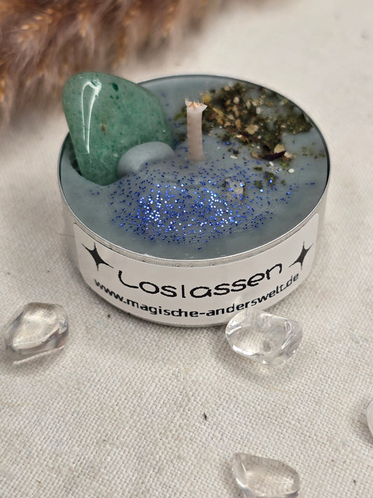 Ritual-Teelicht Loslassen mit Aventurin, Palo Santo Duft und Räuchermischung – liebevoll handgegossen in pflanzlichem Wachs mit Ritualanleitung