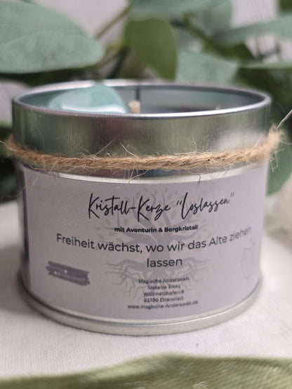 Behälterkerze „Loslassen“ mit Aventurin & Bergkristall