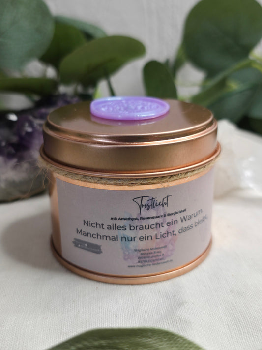 Behälterkerze „Trostlicht“ mit Amethyst, Rosenquarz & Bergkristall