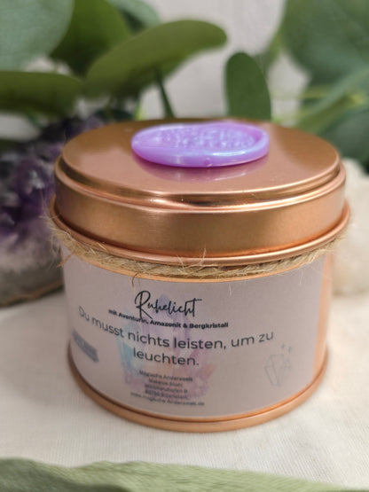 Behälterkerze „Ruhelicht“ mit Amazonit, Aventurin & Bergkristall