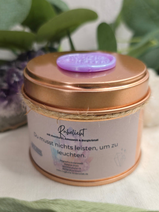 Behälterkerze „Ruhelicht“ mit Amazonit, Aventurin & Bergkristall