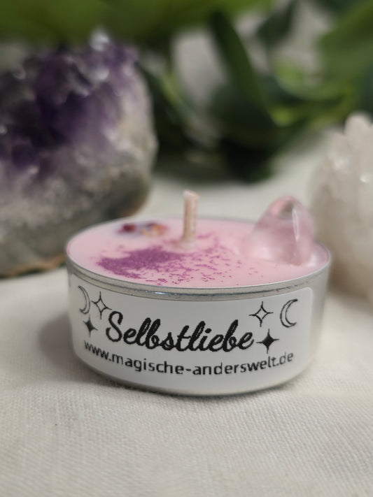 Ritual-Teelicht „Selbstliebe“ mit Bergkristall