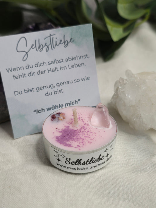 Ritual-Teelicht „Selbstliebe“ mit Bergkristall